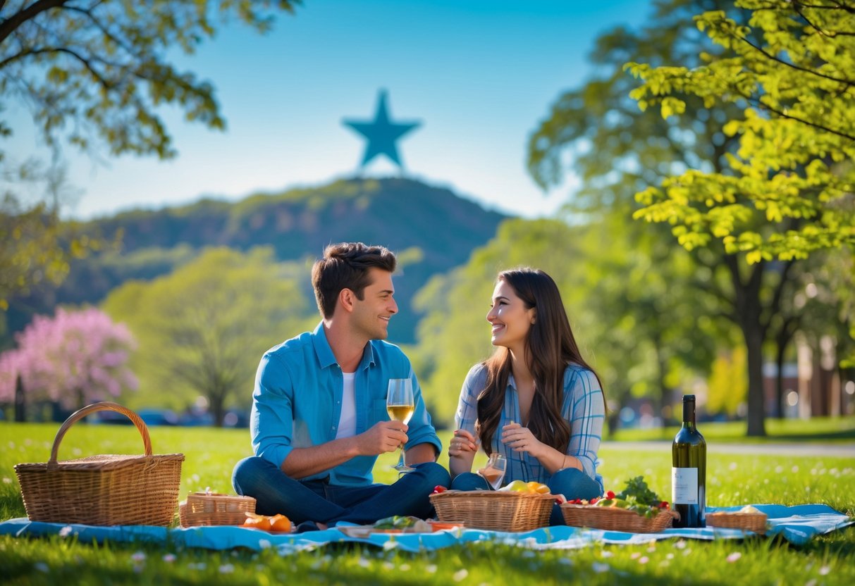 A young couple having a picnic outdoors with the Roanoke Star visible on a hill in the background.