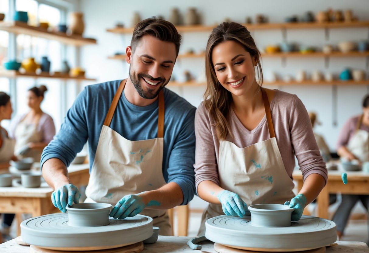 A couple shaping clay on pottery wheels together in a bright pottery studio.
