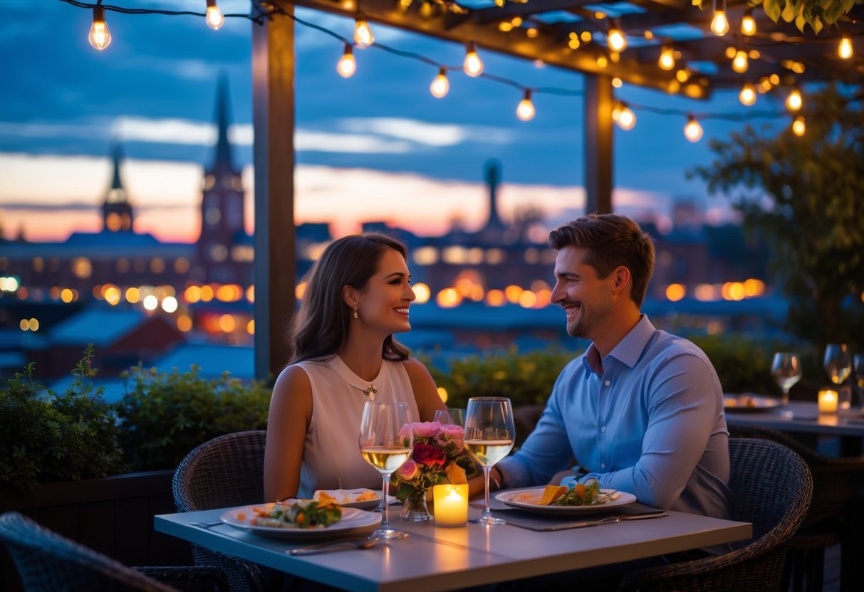 A young couple enjoying a candlelit dinner on an outdoor restaurant terrace with the Richmond city skyline visible at twilight.