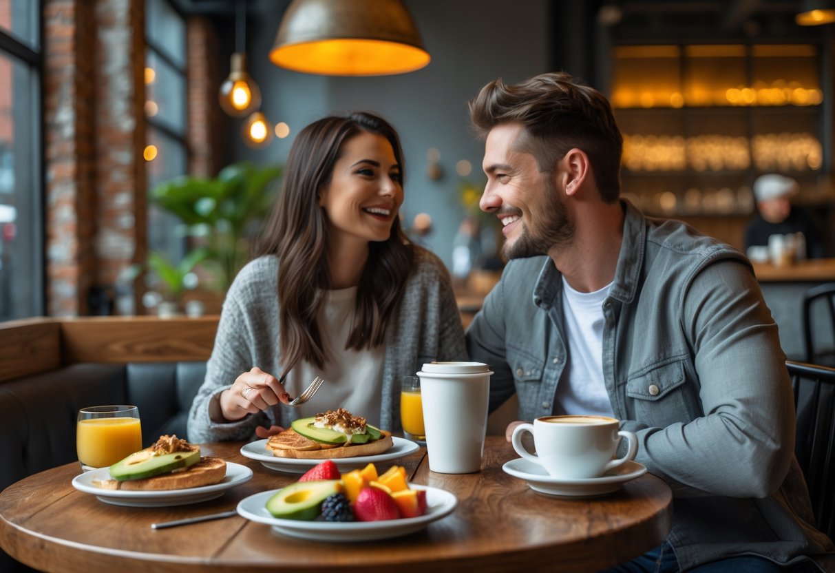 A young couple having brunch together at a wooden table in a modern cafe with exposed brick walls and plants.