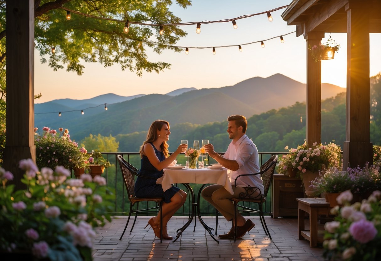 A couple enjoying a romantic outdoor dinner on a patio with greenery and mountains in the background during sunset.