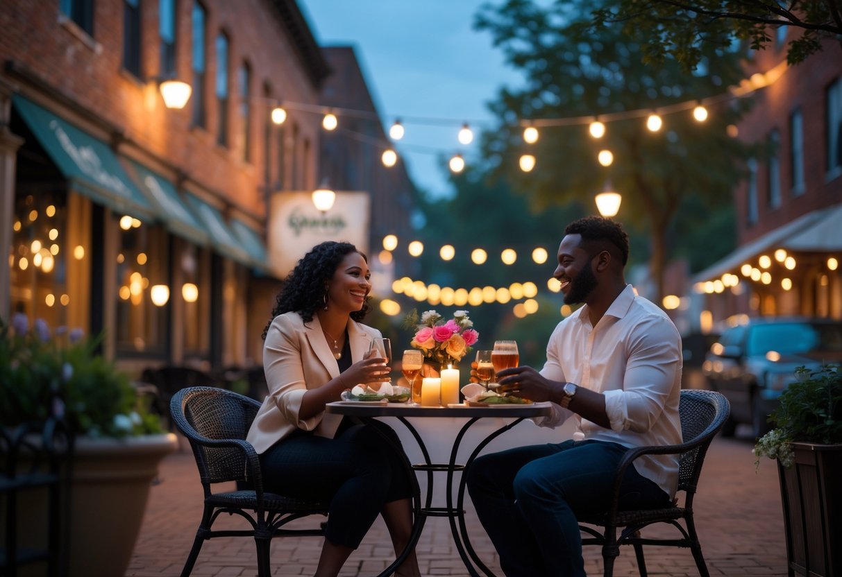 A couple enjoying a romantic dinner at an outdoor café in Richmond, Virginia, with historic buildings and warm streetlights in the background.