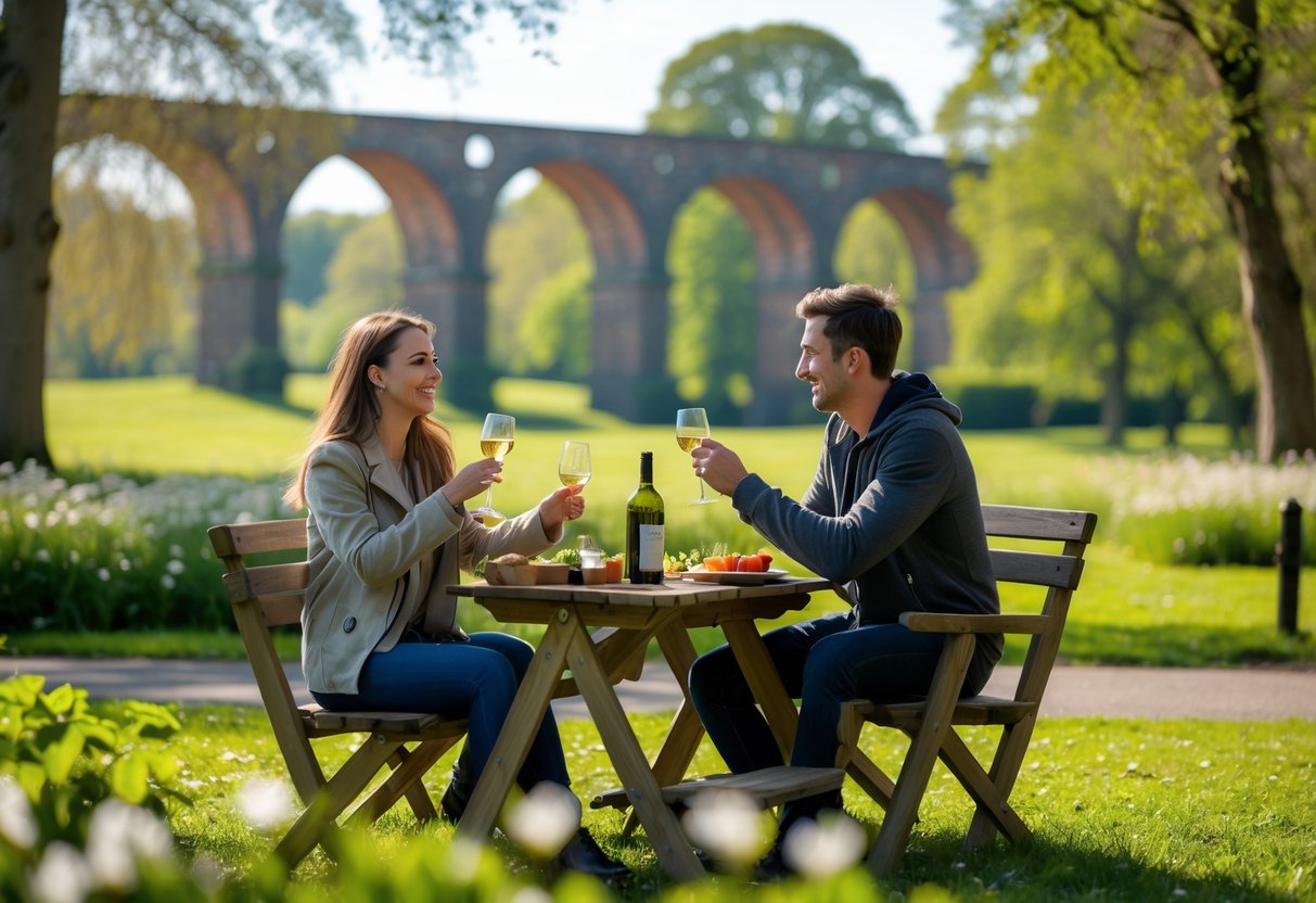 A young couple enjoying a picnic near the Stockport Viaduct surrounded by green trees and flowers.