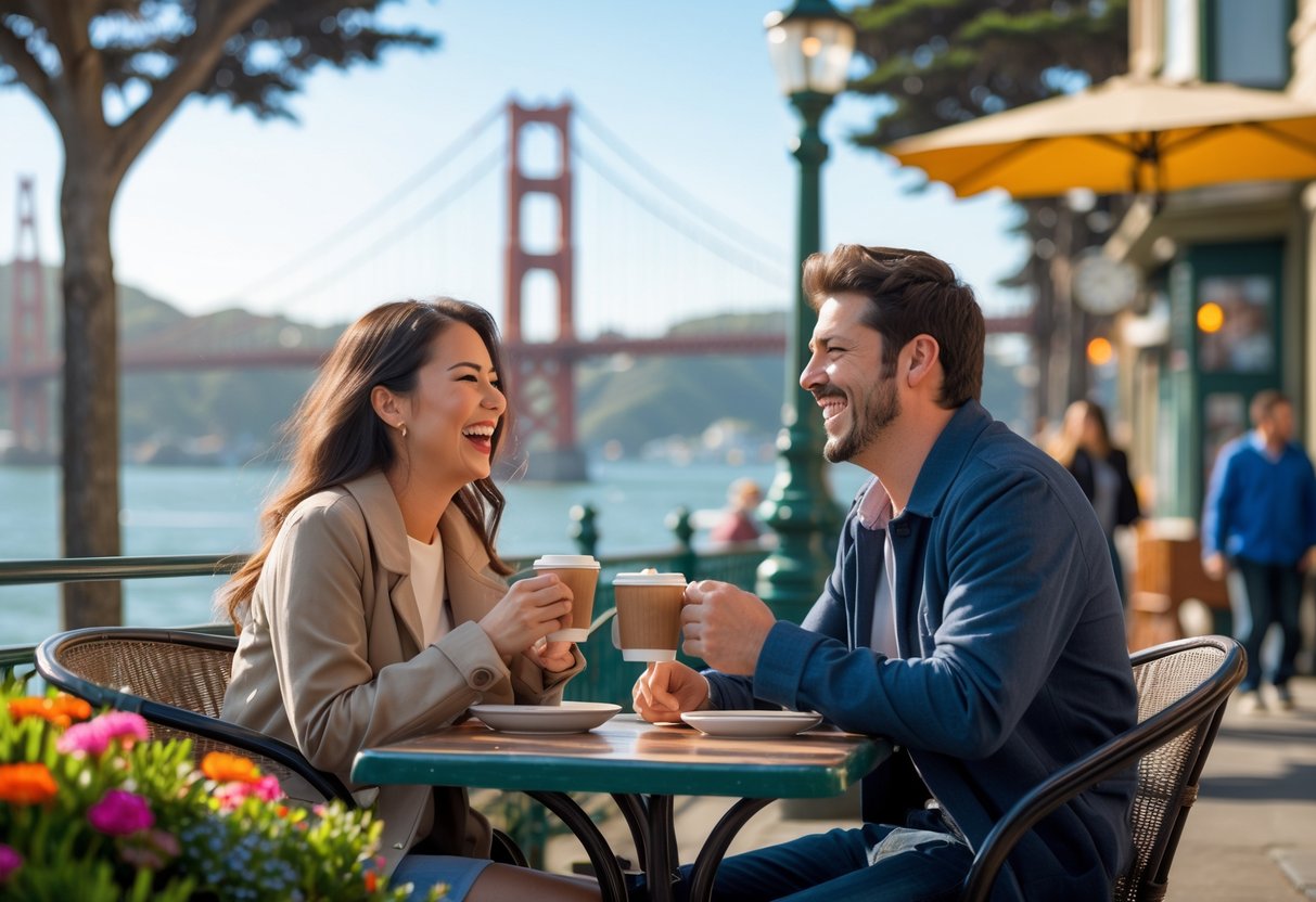 A young couple sitting at an outdoor café table in San Francisco with the Golden Gate Bridge and city skyline visible in the background.