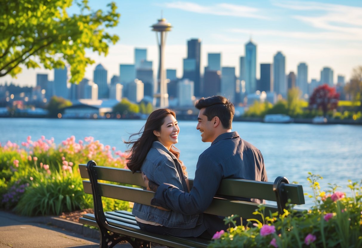 A young couple sitting on a park bench near the Seattle waterfront with the Space Needle and city skyline in the background, enjoying a sunny day together.