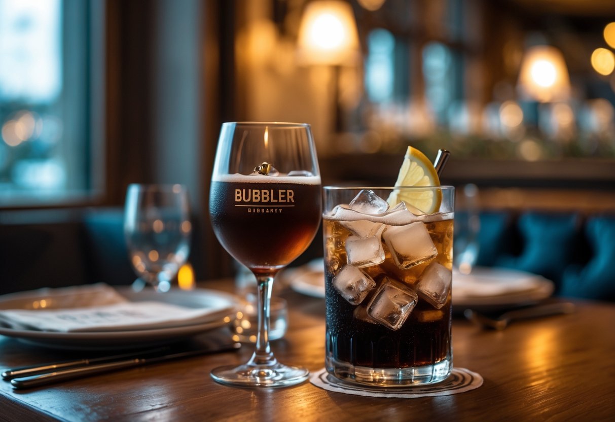A cozy dinner table set for two at a restaurant with a glass of dark soda with ice and a lemon wedge.