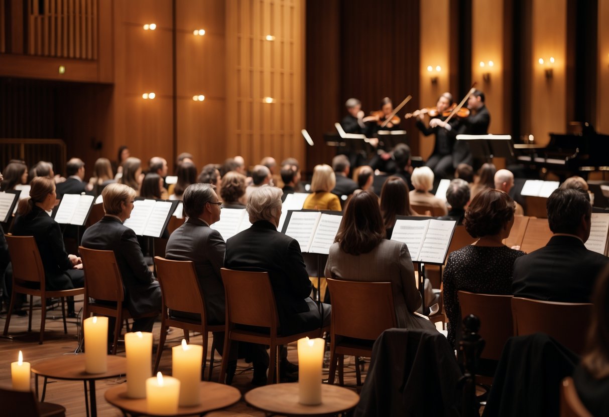 People seated in a concert hall enjoying a live string quartet performance by candlelight.