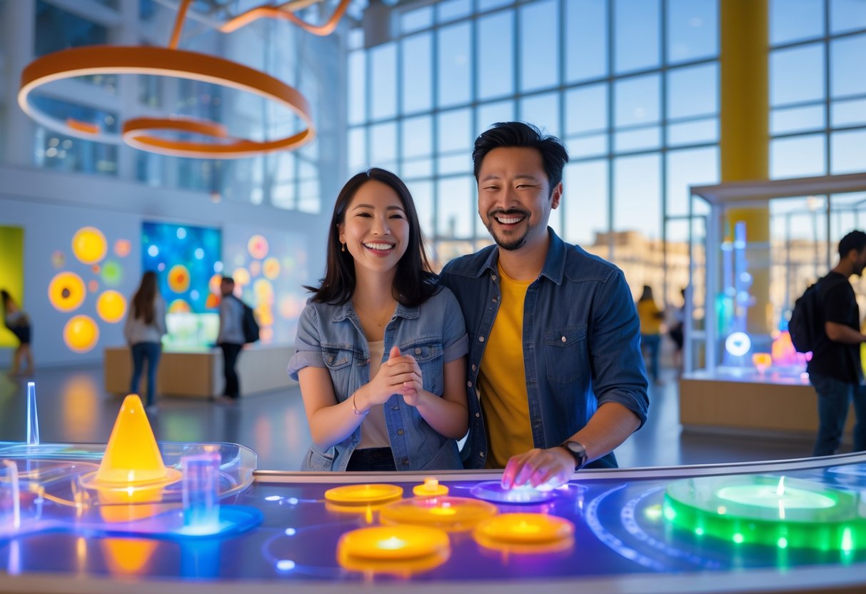 A couple enjoying hands-on science exhibits inside a bright museum with large windows showing the San Francisco skyline.