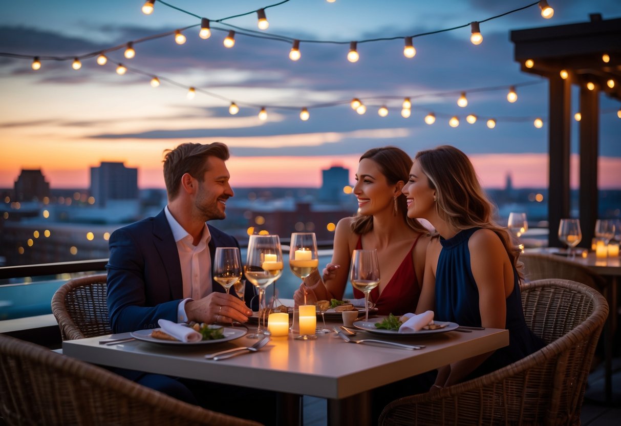 A couple enjoying a romantic dinner at a rooftop restaurant overlooking the Providence city skyline at sunset.