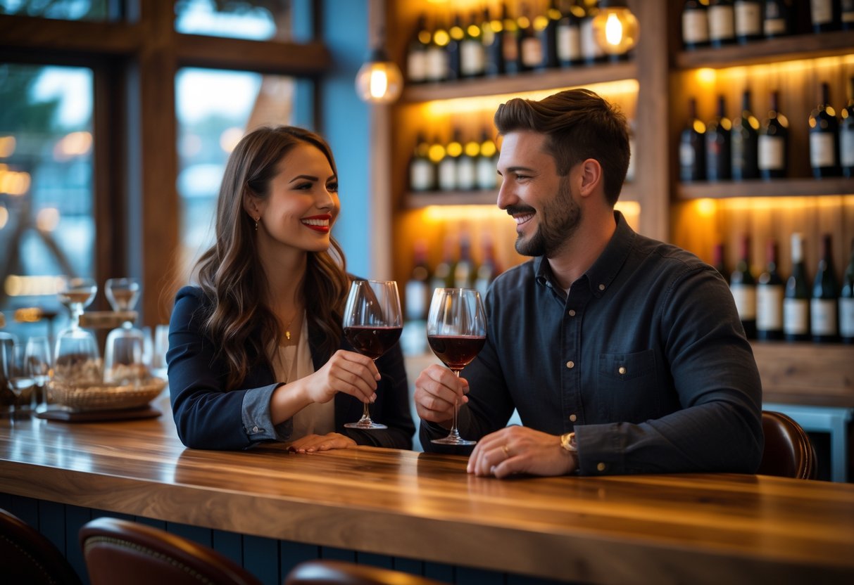 A young couple enjoying wine tasting together at a cozy wine bar with shelves of wine bottles in the background.