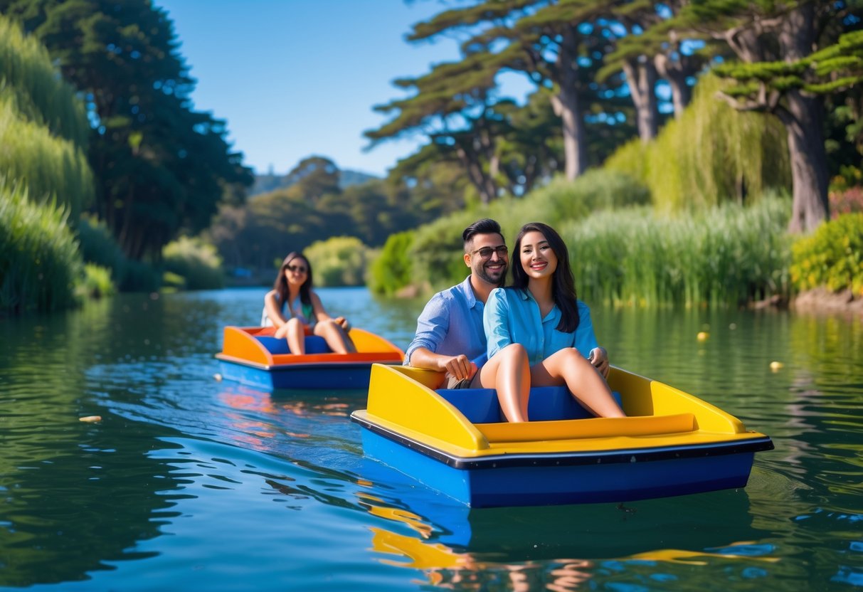A couple riding colorful pedal boats on a calm lake surrounded by trees and greenery.