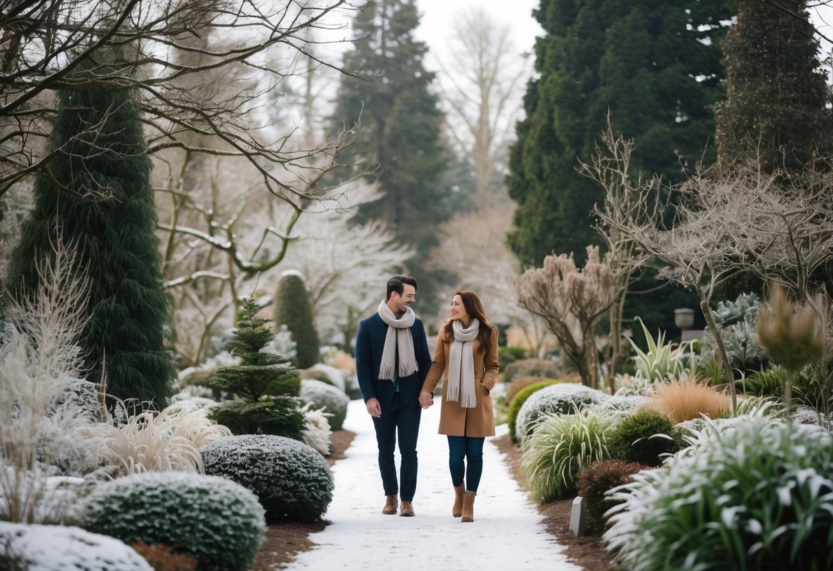 A couple walking hand-in-hand along a snow-covered path in a winter arboretum garden surrounded by evergreen trees and frosted plants.