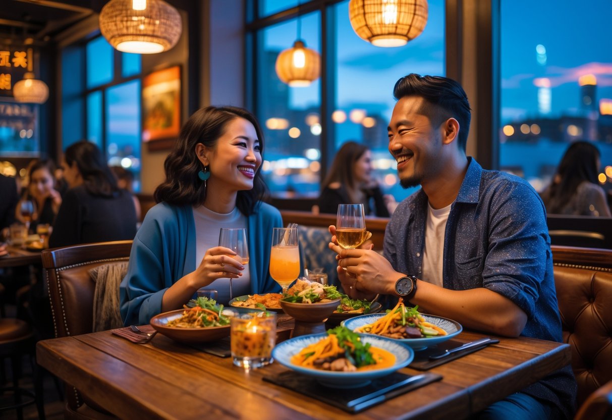 A couple enjoying dinner at a lively restaurant with warm lighting and colorful dishes on the table.