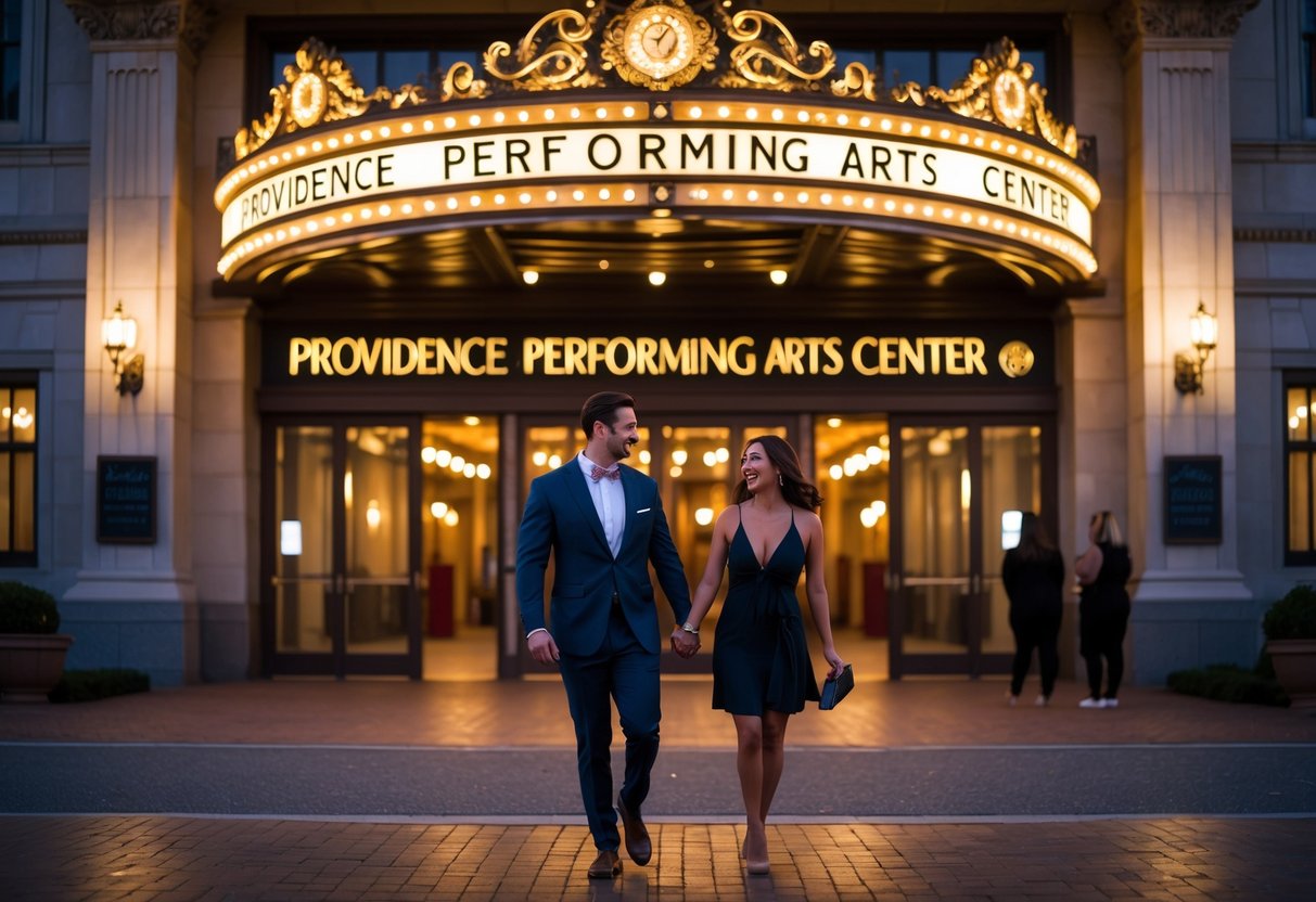 A couple dressed for an evening out walking hand in hand toward the entrance of the Providence Performing Arts Center at dusk.