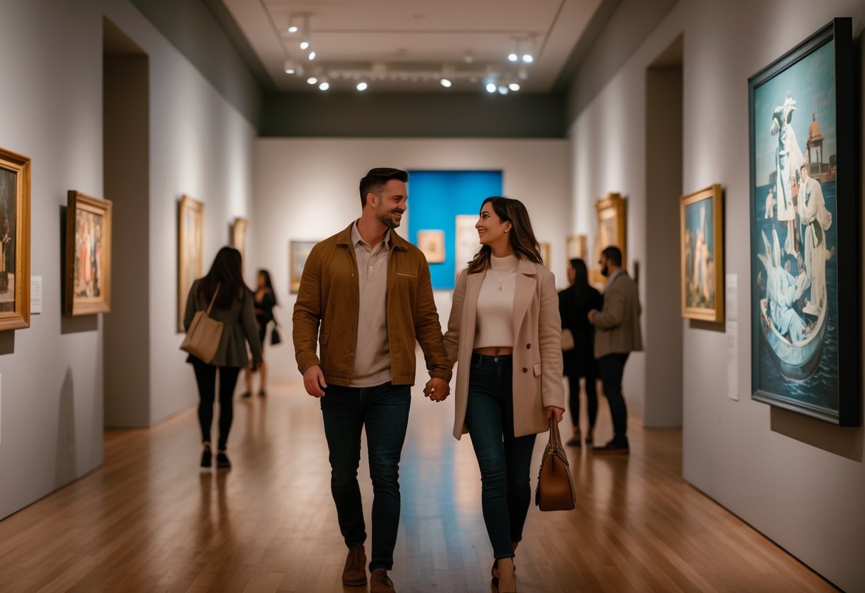 A couple walking hand in hand inside an art museum, looking at paintings and talking.