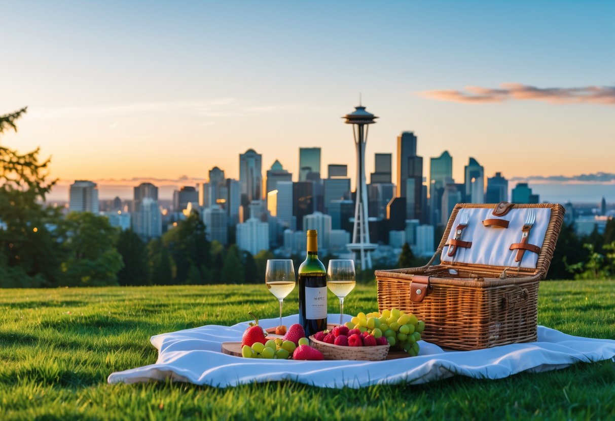 A picnic setup on green grass at Kerry Park with the Seattle city skyline and Space Needle in the background during sunset.