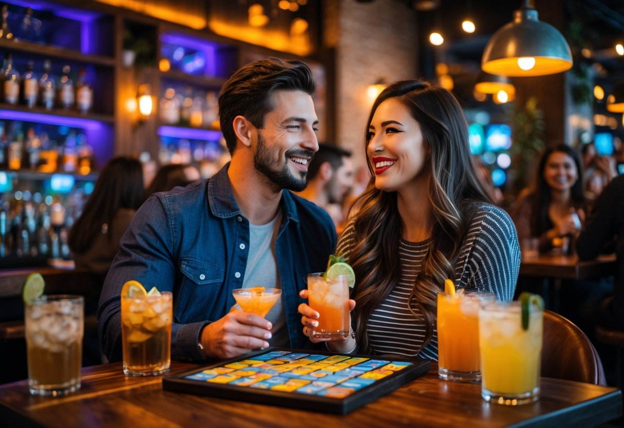 A couple enjoying drinks and playing games together at a lively bar in Providence, Rhode Island.
