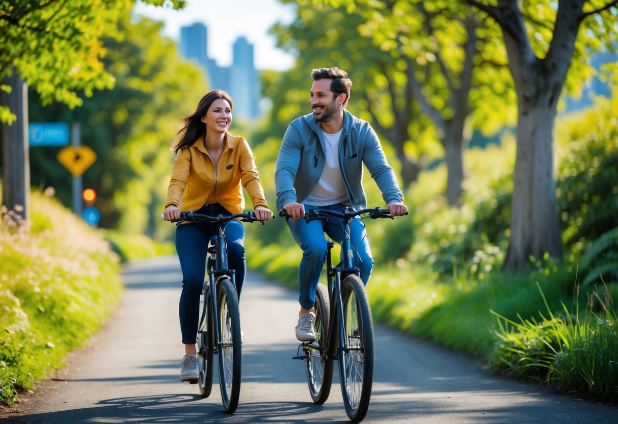 Couple riding bicycles together on a tree-lined trail with greenery and cityscape in the background.