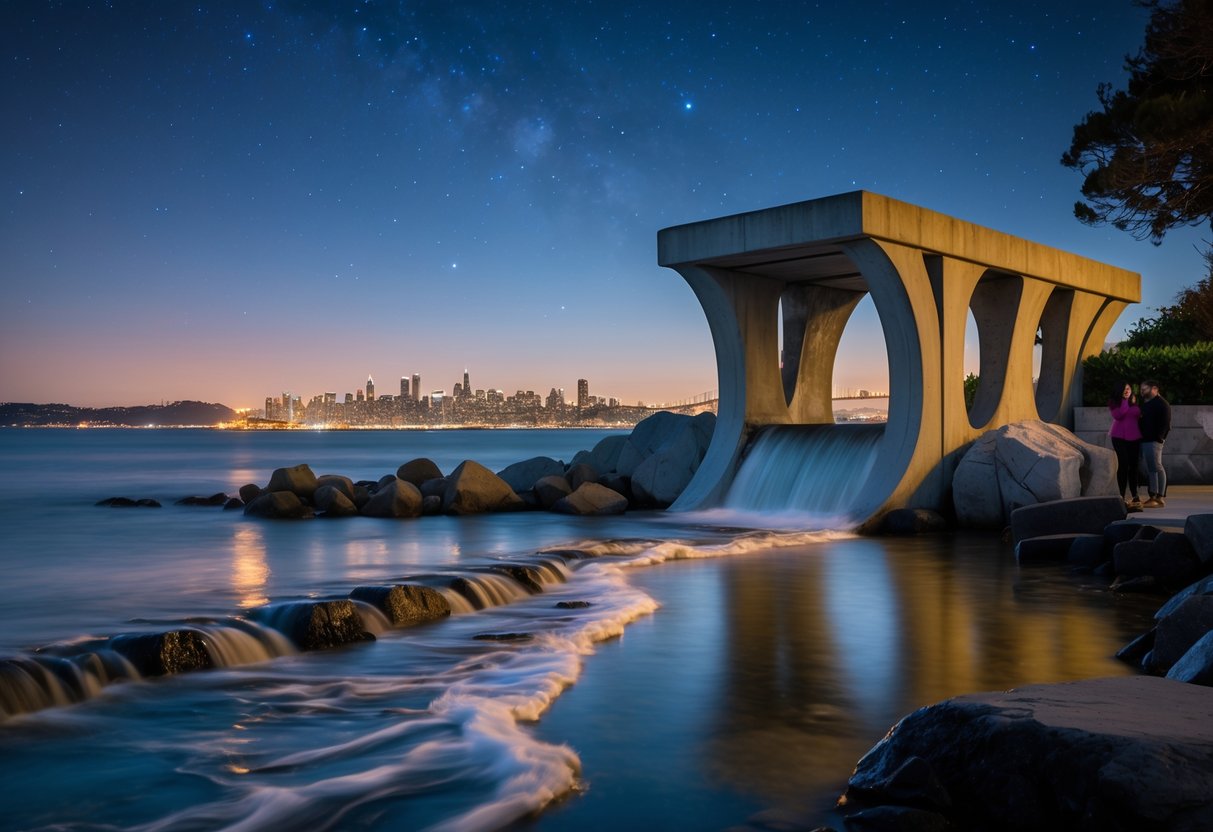 The Wave Organ extending into calm water at night with city lights in the background and a couple near the structure.