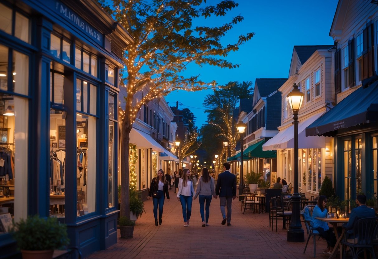 Couples walking and sitting at outdoor cafes on a lively street lined with boutiques and warm lights at dusk.
