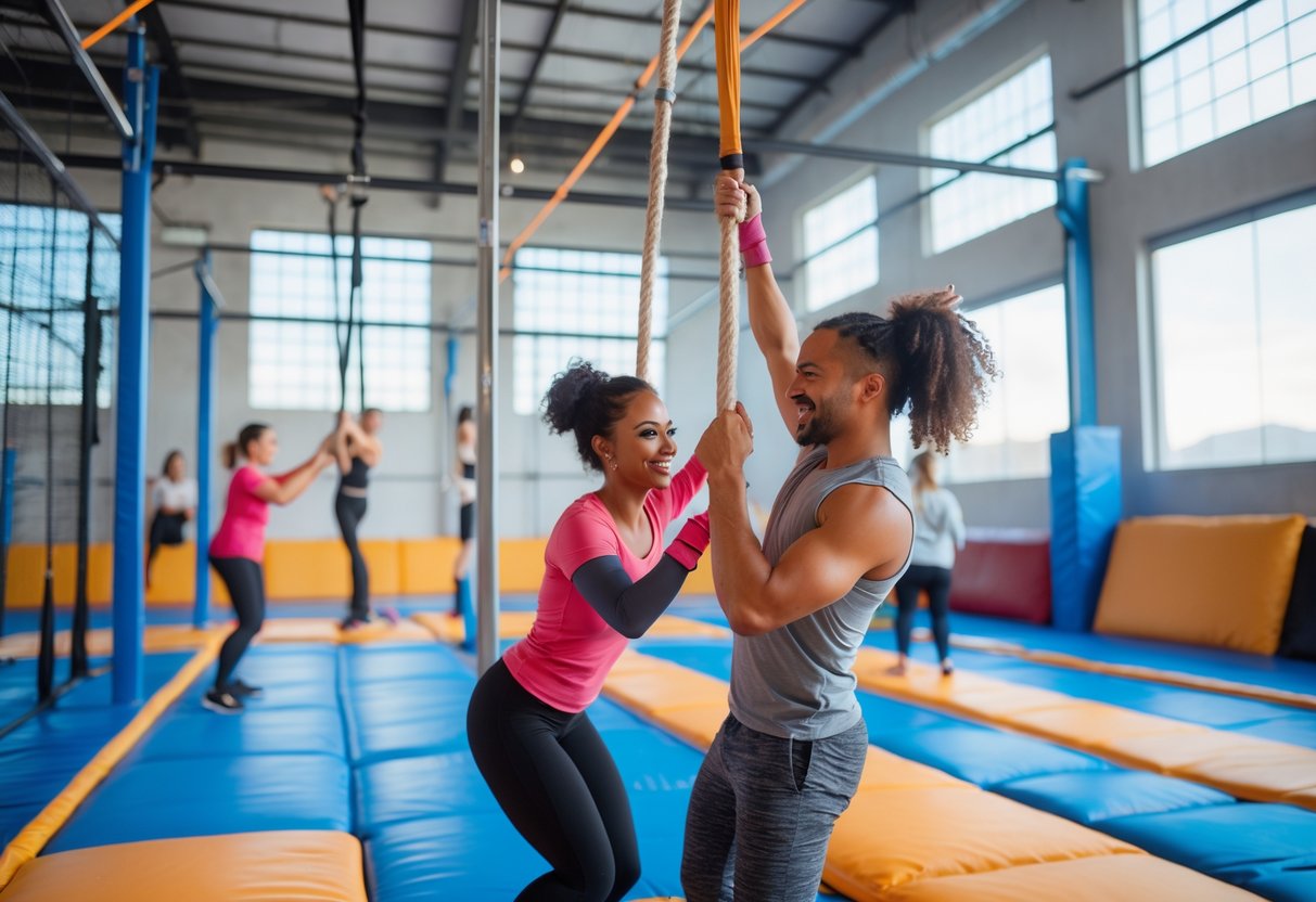 A couple taking a trapeze class together inside a gym with safety nets and trapeze bars.