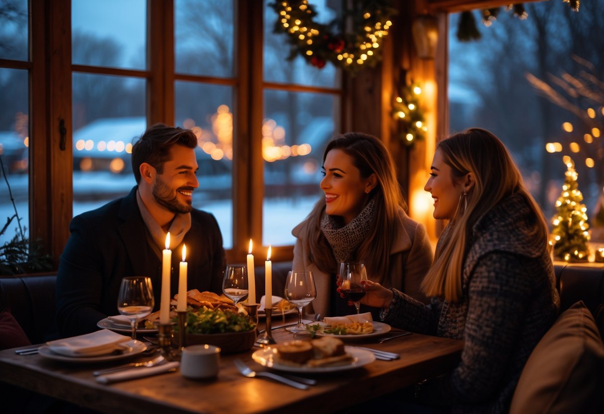 A couple enjoying a cozy winter dinner together at a warmly lit restaurant with snow visible outside the window.