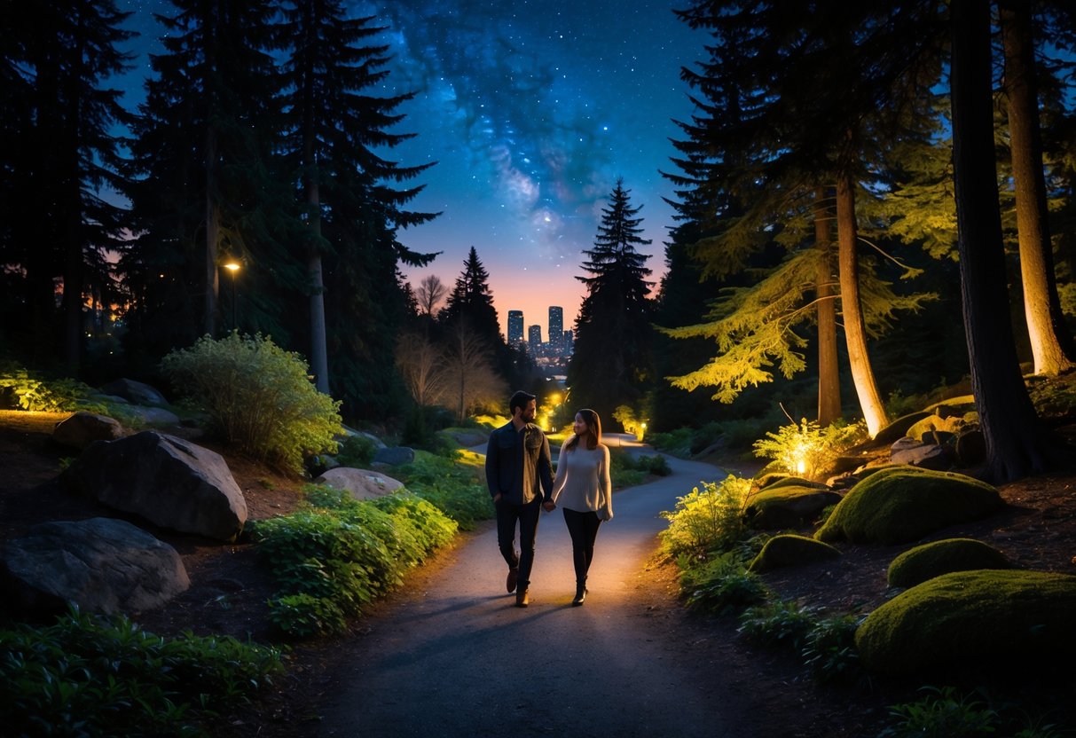 A couple walking hand in hand along a forest path at night with trees around and city lights visible in the distance.