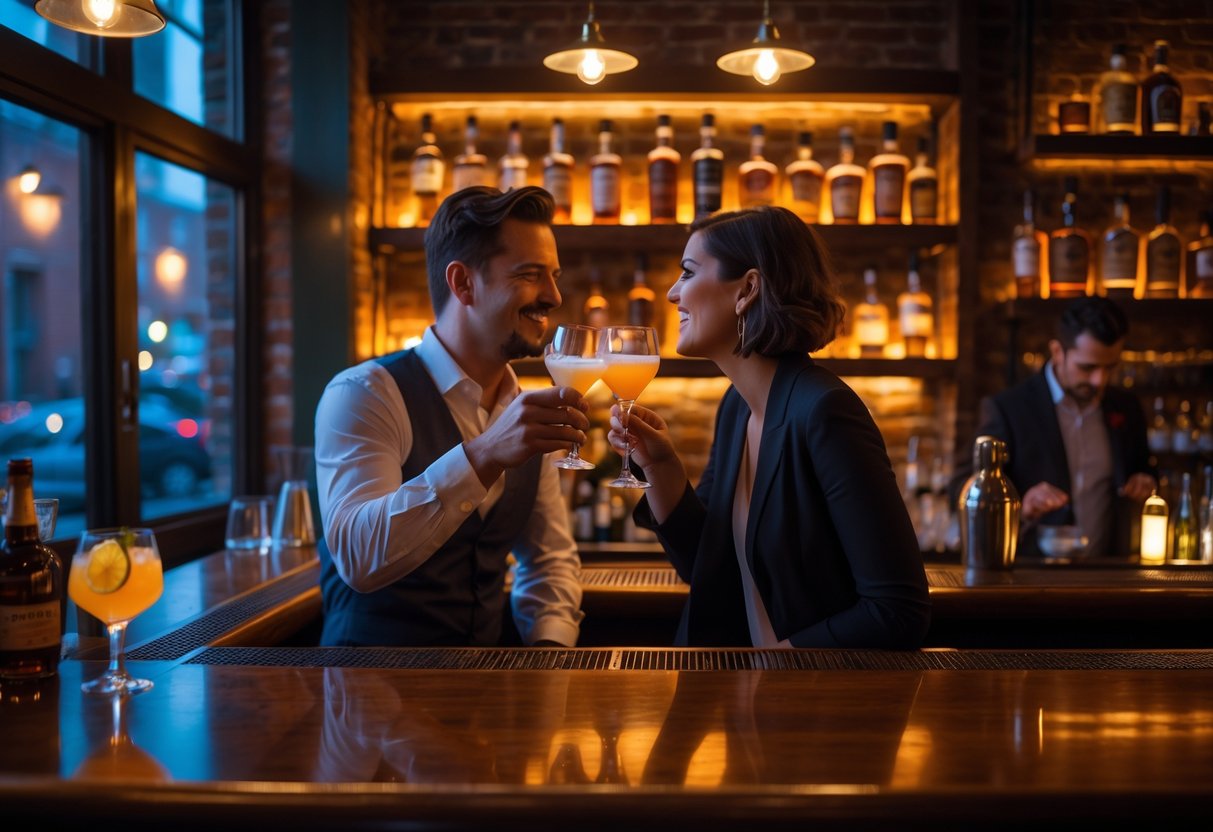 A couple enjoying cocktails together at a dimly lit bar with vintage decor.