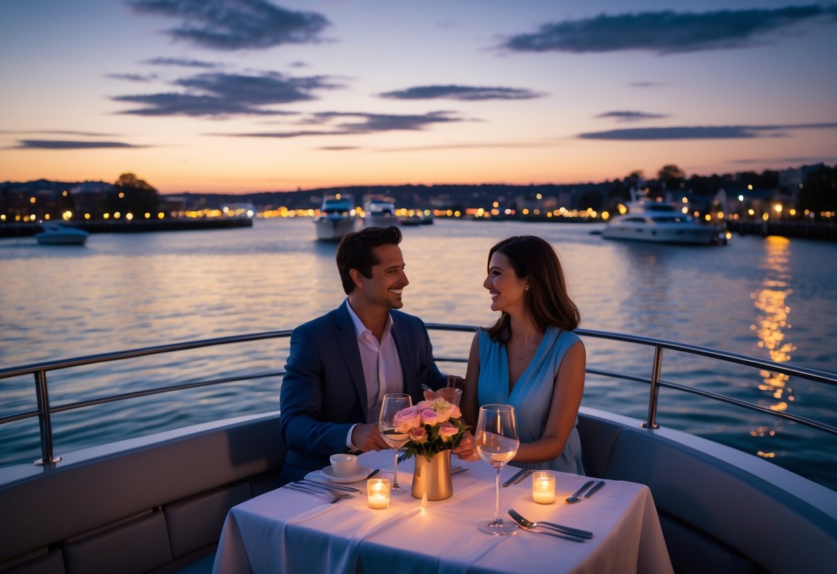 A couple enjoying a romantic dinner on a boat in Providence Harbor at sunset, with city lights and calm water in the background.