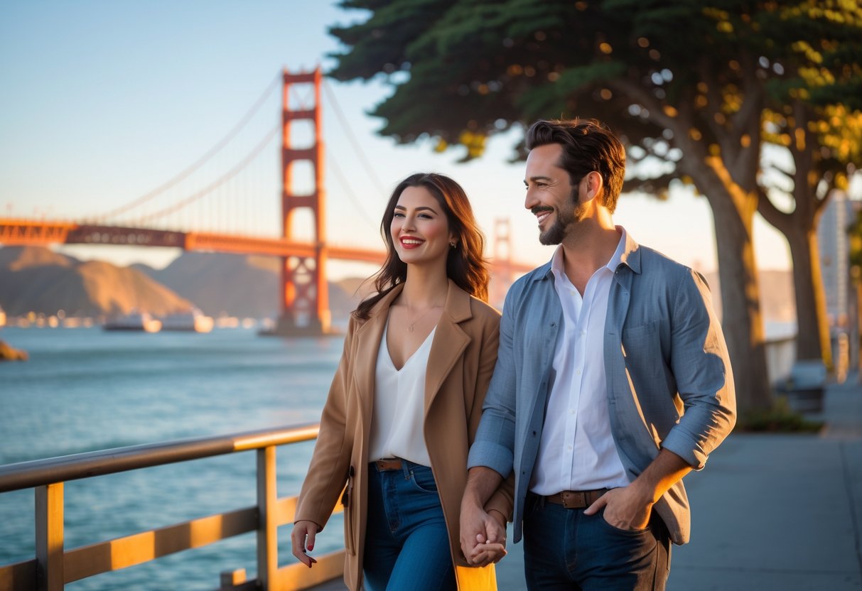 A couple walking hand in hand near the San Francisco waterfront with the Golden Gate Bridge in the background.
