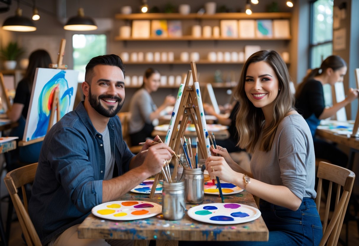 A couple painting together at a table in an art studio, smiling and focused on their canvases.