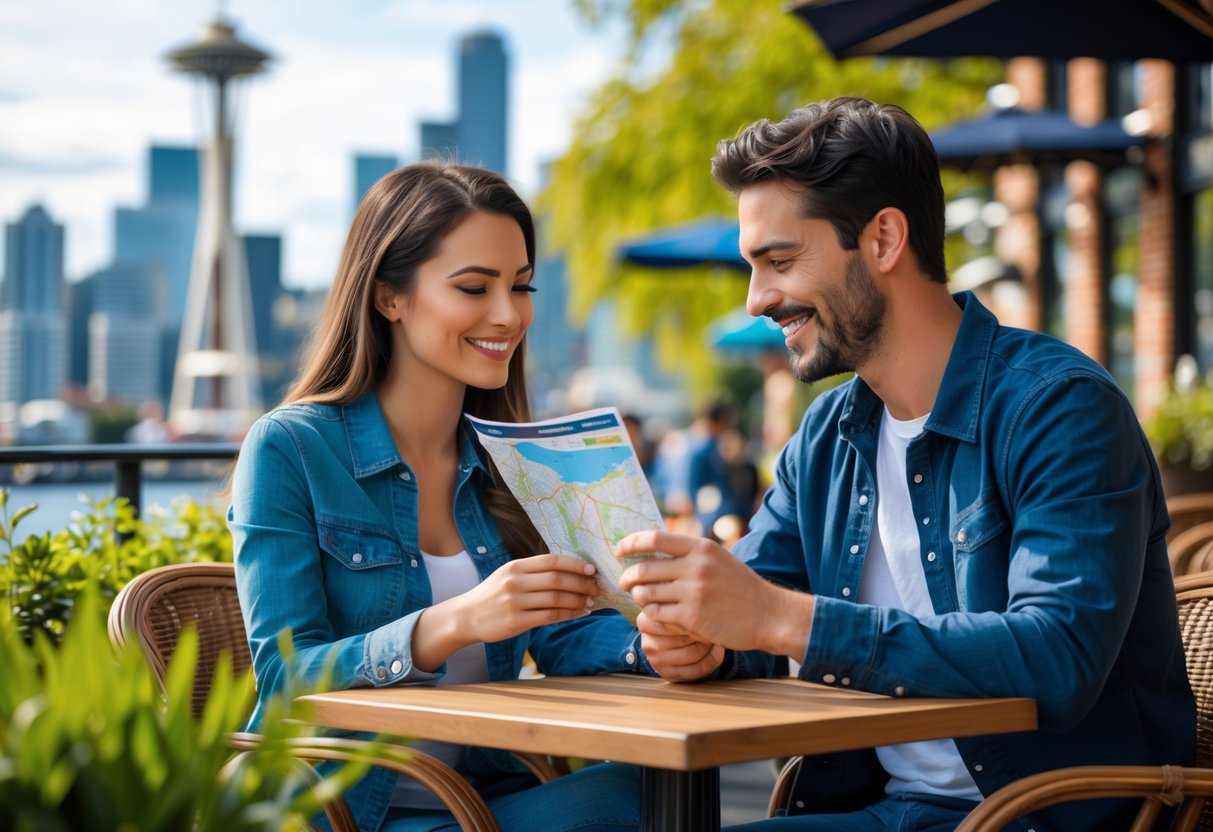 A couple sitting at an outdoor café table in Seattle, looking at a map and smiling with the Space Needle visible in the background.