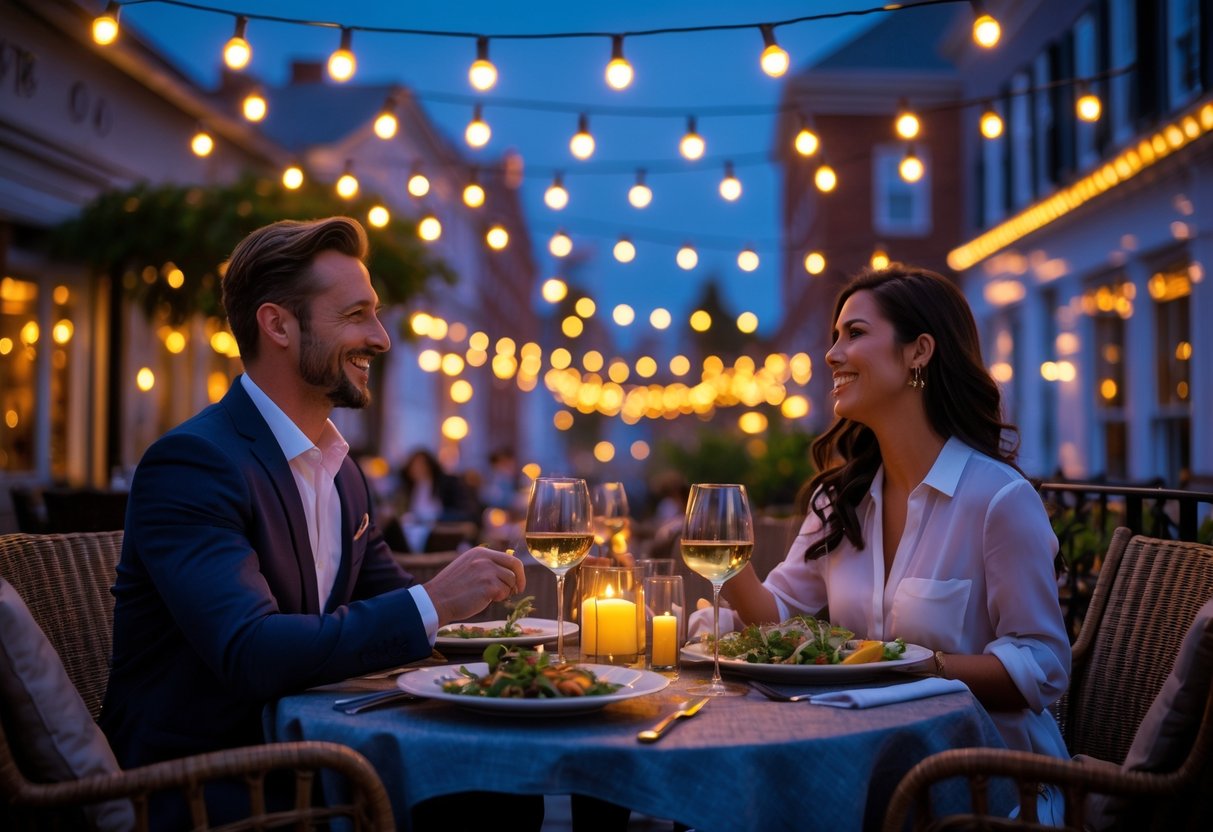 A couple enjoying an outdoor dinner together at a restaurant terrace in the evening with city buildings in the background.