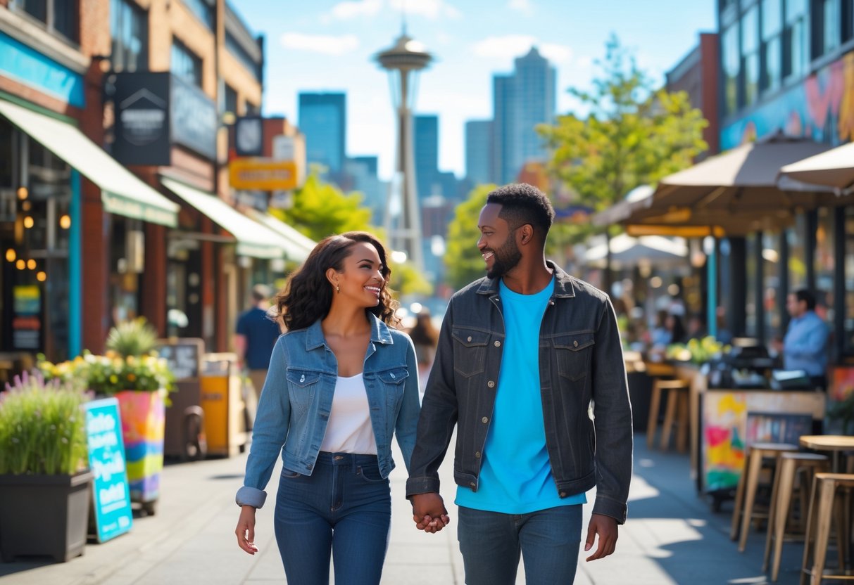 A couple walking hand-in-hand along a busy Seattle street with local shops and the Space Needle in the background.