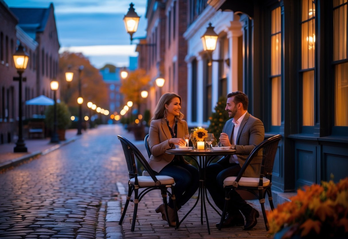 A couple enjoying a romantic outdoor dinner on a cobblestone street in Providence with warm street lamps and autumn leaves.