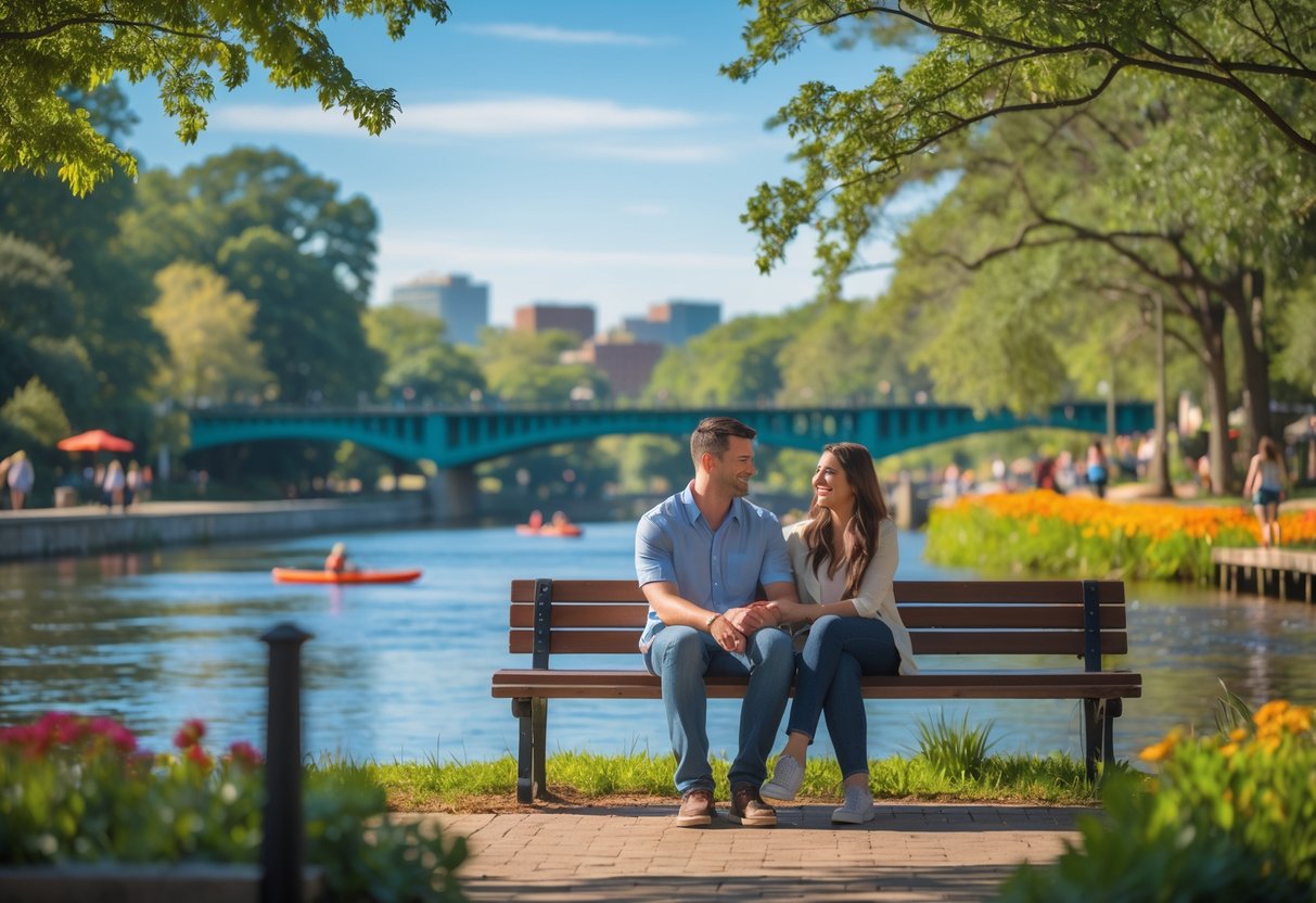 A young couple sitting on a bench near a river with a pedestrian bridge in the background, surrounded by trees and flowers in a park.