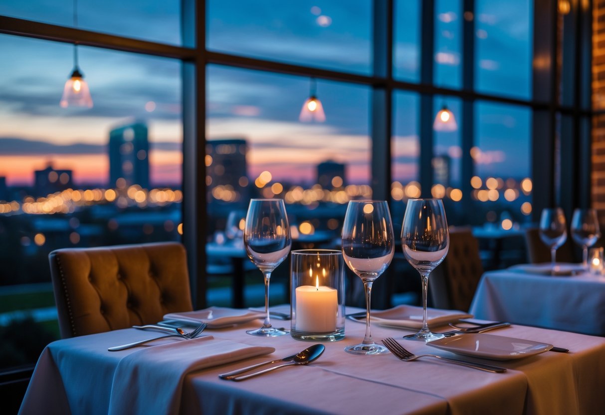 A romantic dinner for two at an Italian restaurant with a view of downtown Greenville city lights at dusk.