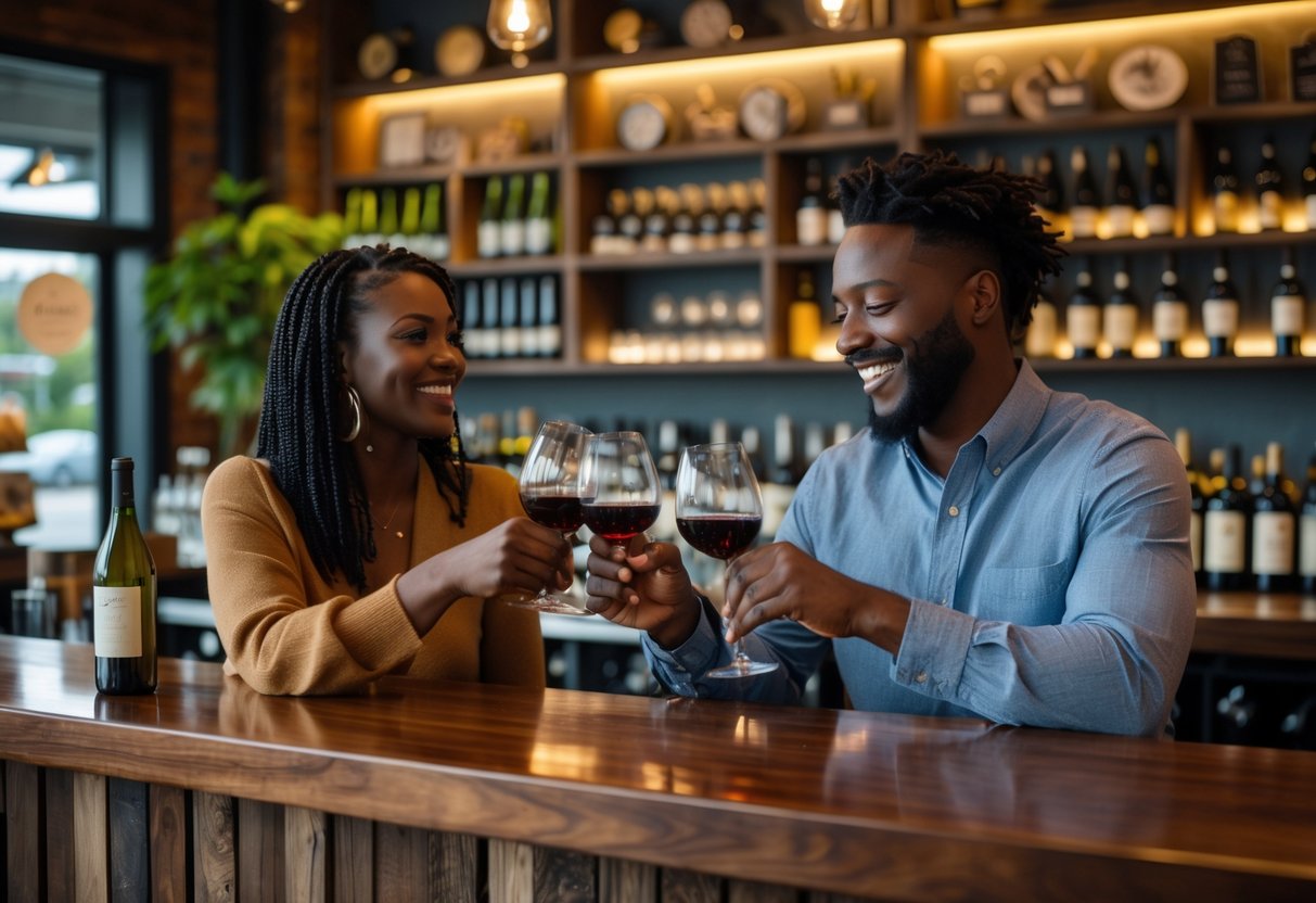 A couple enjoying wine tasting together at a cozy wine bar with shelves of wine bottles in the background.