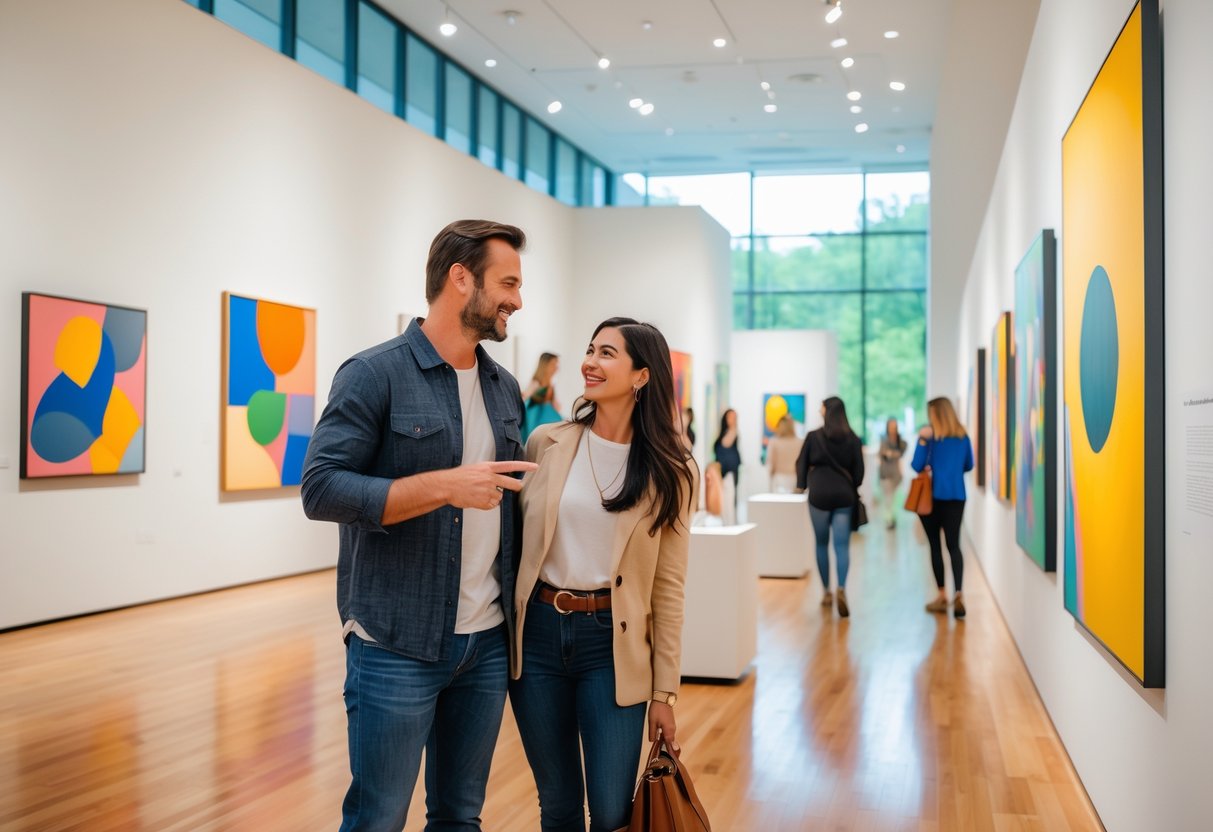 A couple enjoying an art gallery together, looking at colorful paintings in a bright museum space.