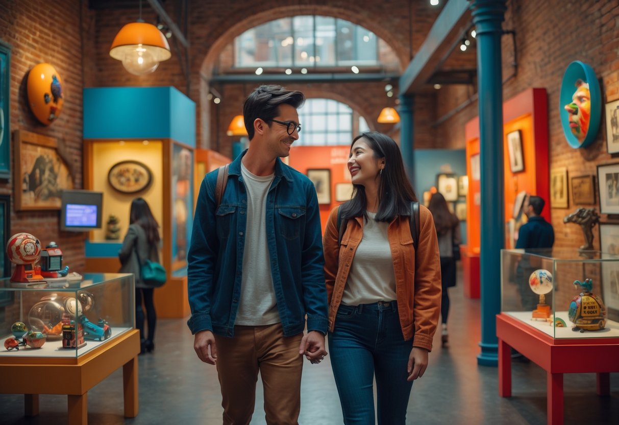A young couple walking hand in hand through a quirky museum with colorful and unusual exhibits around them.