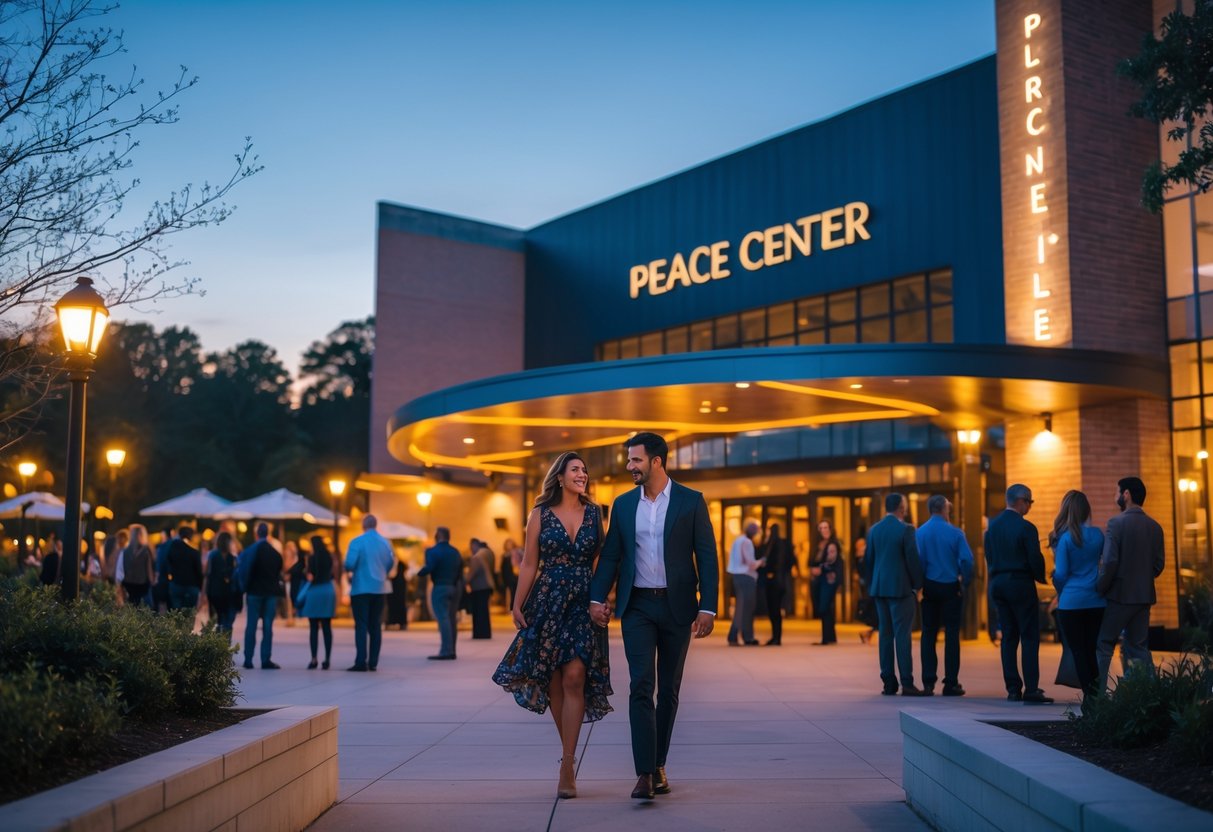 A couple walking hand-in-hand toward the entrance of the Peace Center at dusk with people gathered nearby.
