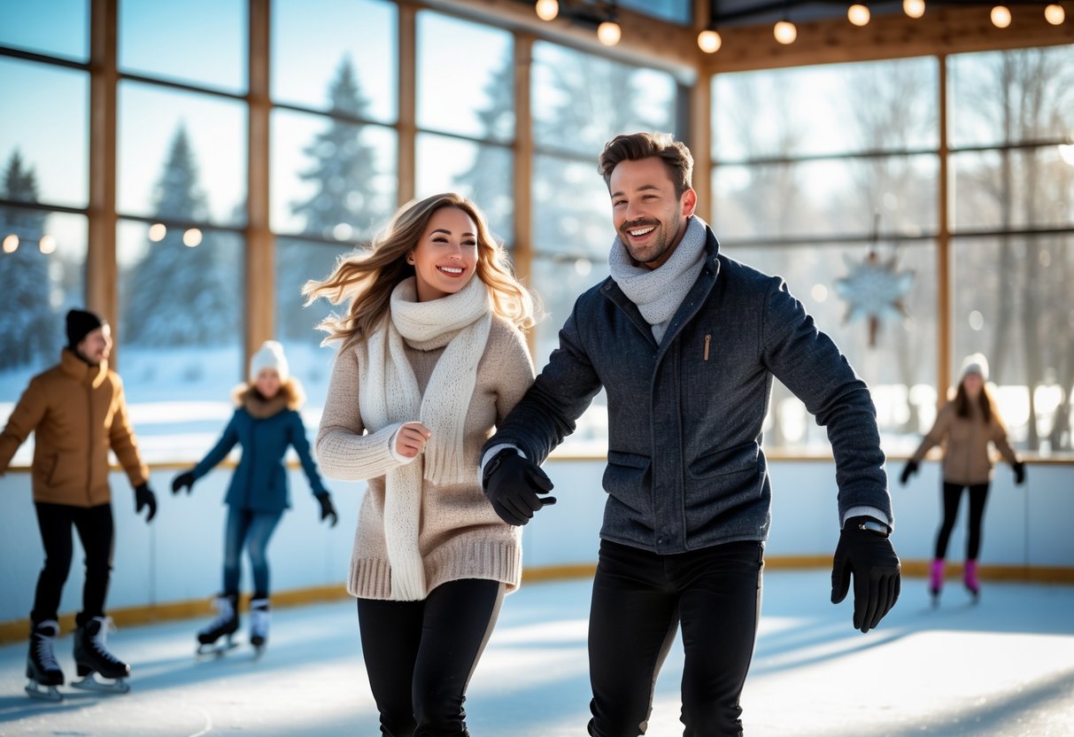 A couple ice skating together, holding hands and smiling, on an indoor or outdoor ice rink surrounded by winter scenery.