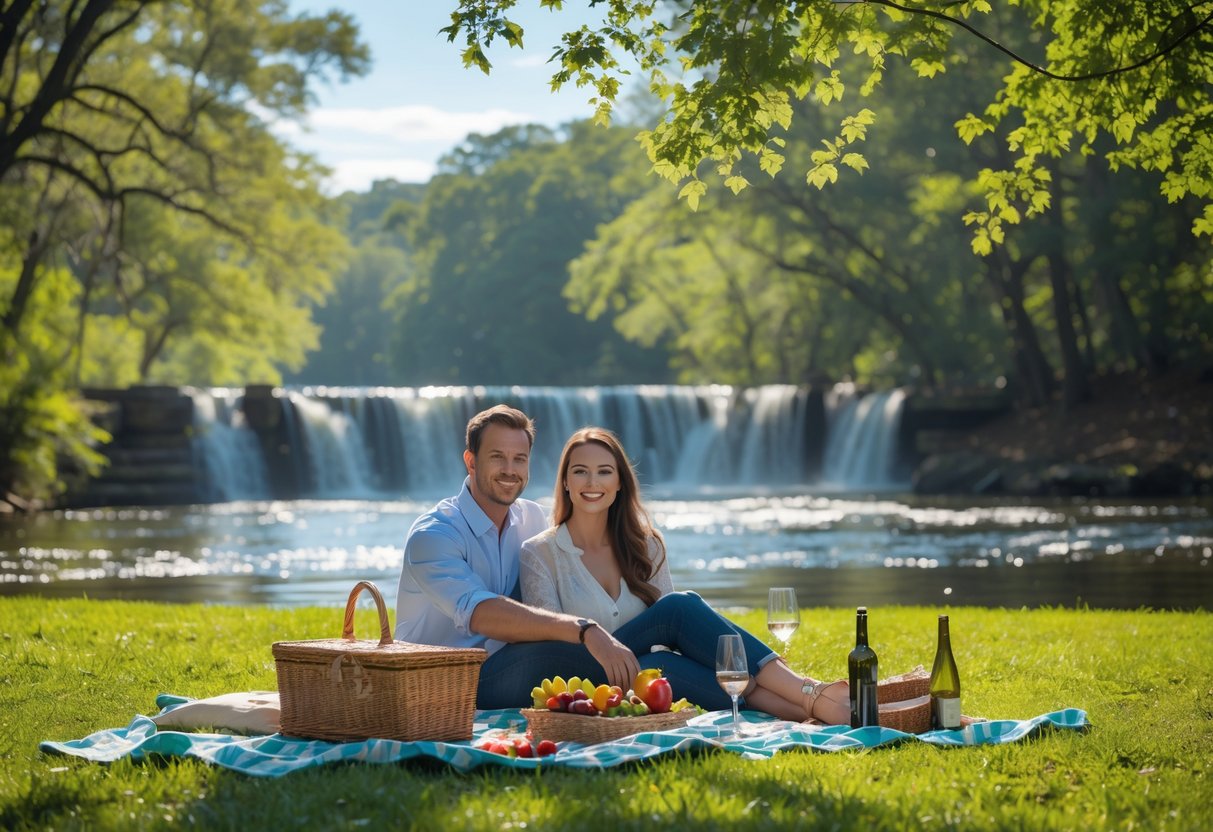 A young couple having a picnic near waterfalls in a green park by a river.