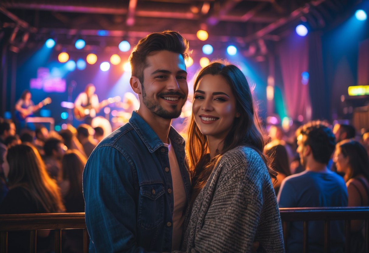 A young couple enjoying a live music concert together in an indoor venue.