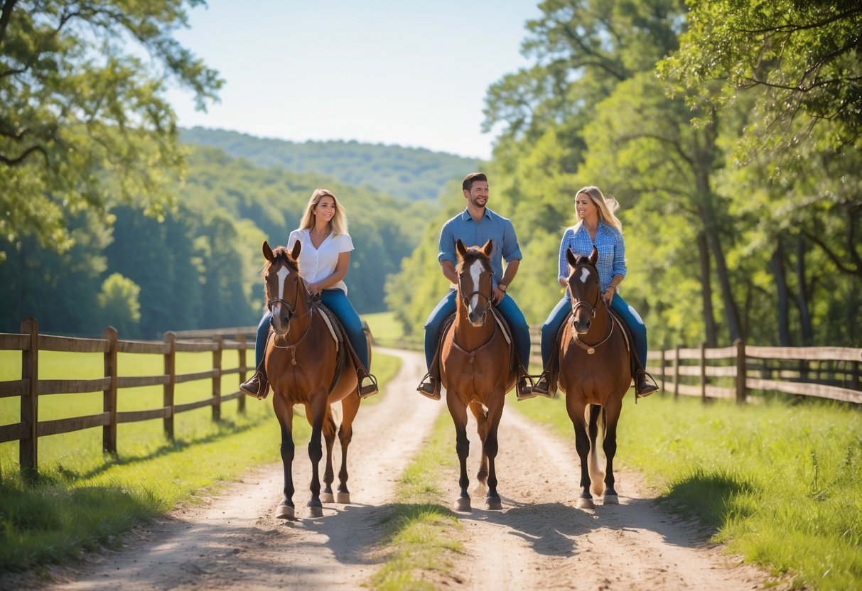 A couple horseback riding together on a tree-lined trail at Lazy 5 Ranch near Greenville, South Carolina.