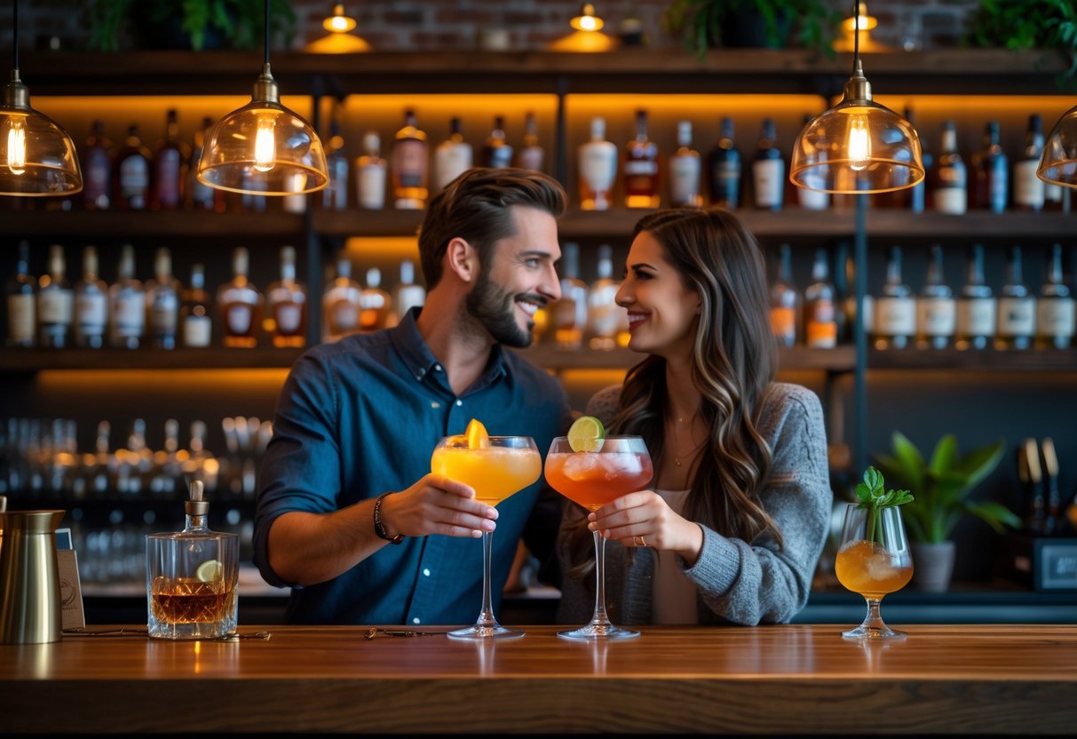 A couple enjoying craft cocktails at a wooden bar counter in a cozy whiskey and wine bar.