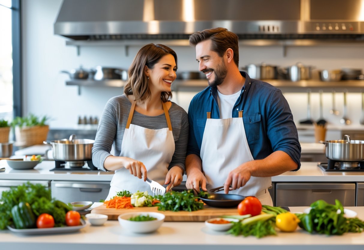 A couple cooking together in a kitchen classroom, preparing food and smiling.