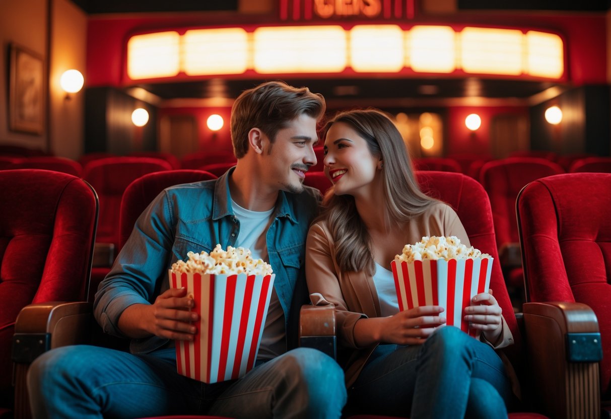 A young couple sitting together in a vintage movie theater, sharing popcorn and smiling.