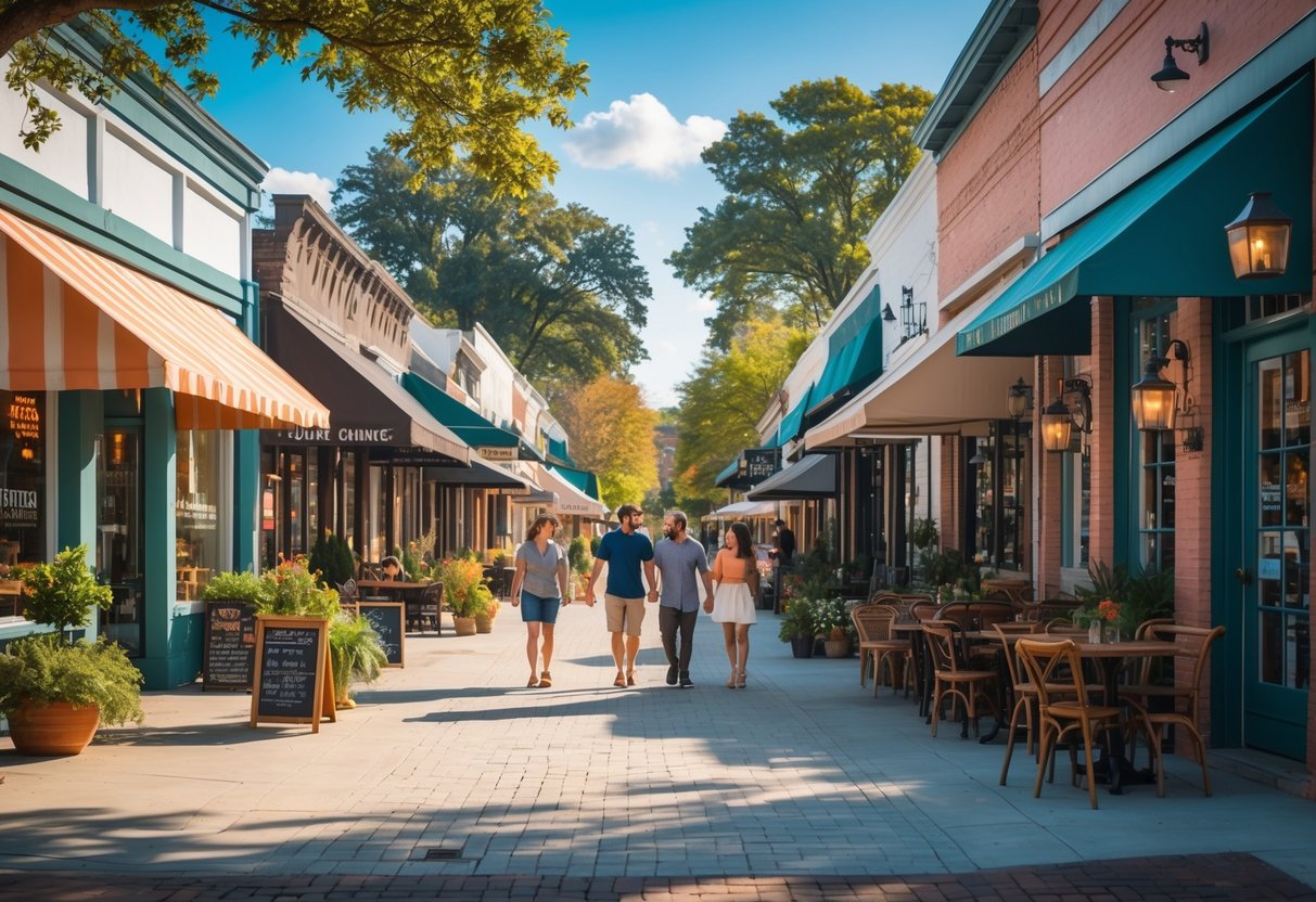 People walking and sitting outside shops and cafes along a sunny Main Street in Greenville, South Carolina.
