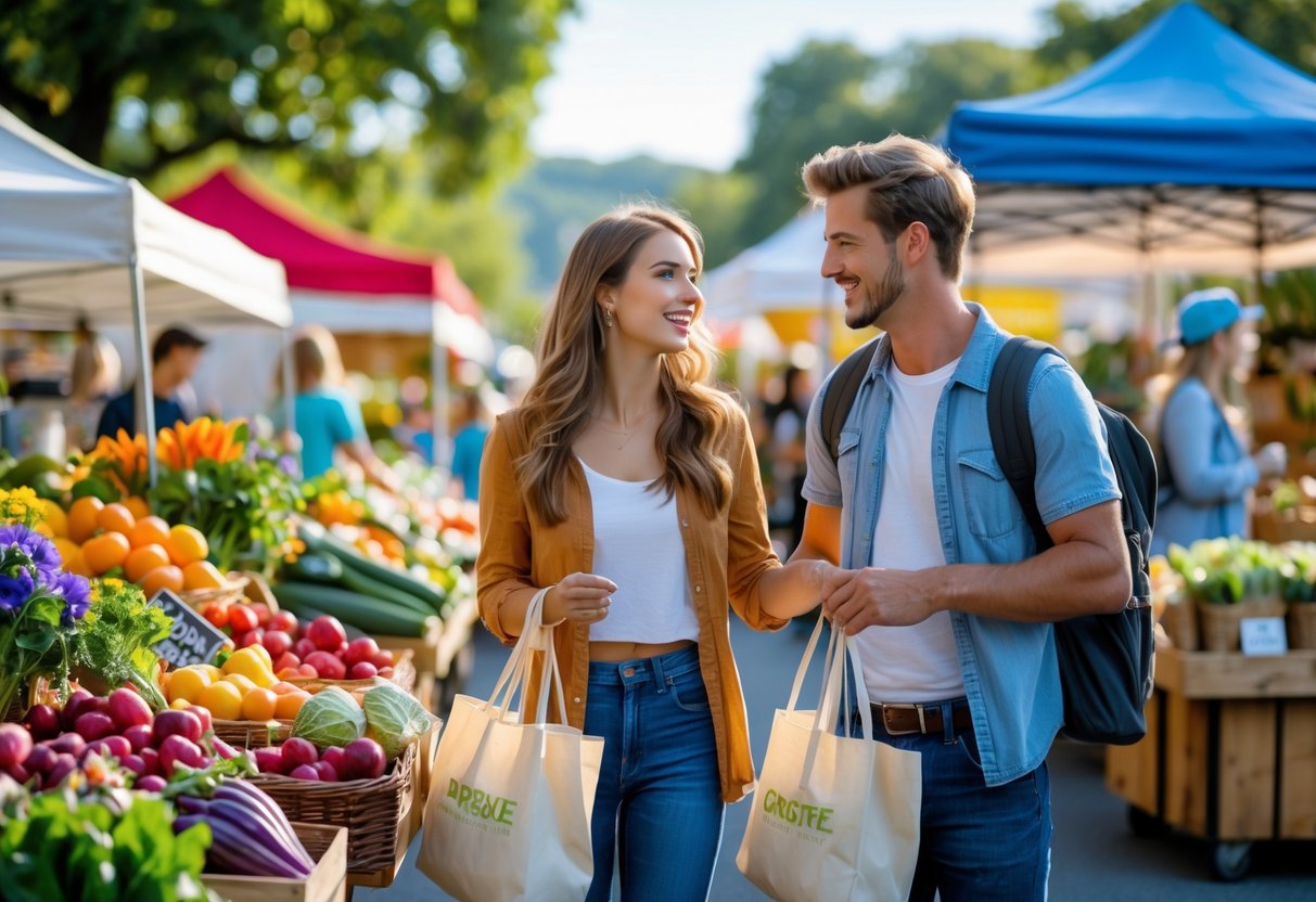 A young couple smiling and shopping together at a busy outdoor farmers’ market with colorful produce and vendors around them.